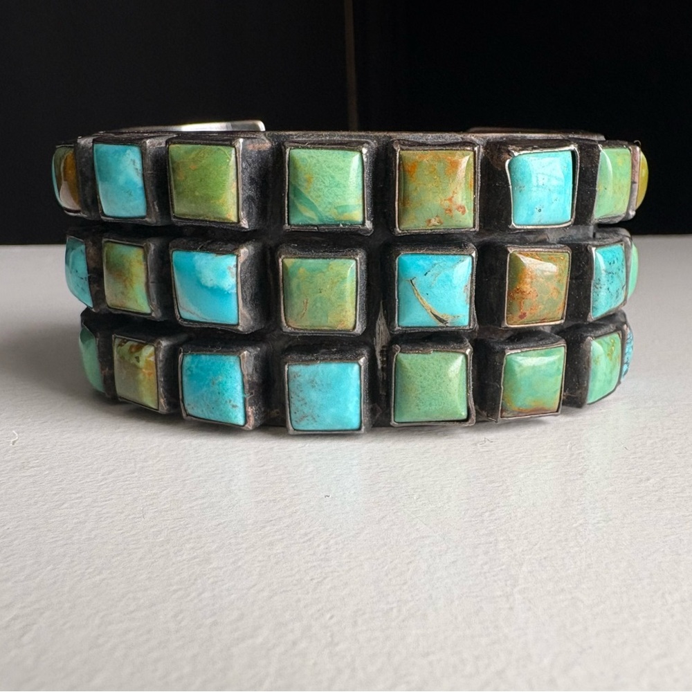 Sterling Silver Zuni Mid Century Mod Square Turquoise Petit Point Row Grid Cuff - Picture 8 of 15